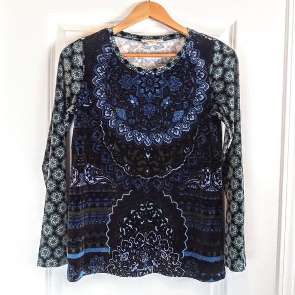 Coldwater Creek Blue Green Paisley Velvet Long Sleeve Top - Picture 1 of 5